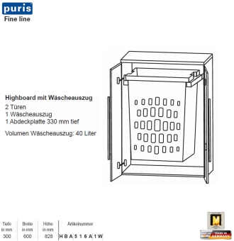 Puris FINE Line Highboard 60 cm mit 2 Türen & Wäscheauszug 