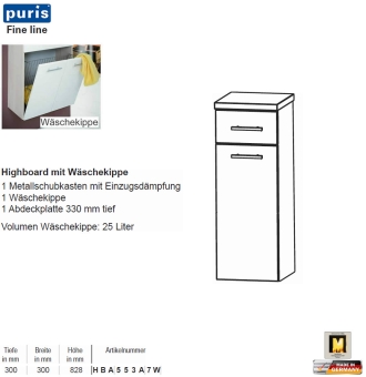 Puris FINE Line Highboard 30 cm mit 1 Schub / Wäschekippe 