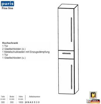 Puris FINE Line Hochschrank 30 cm mit 2 Türen / 1 Schub 