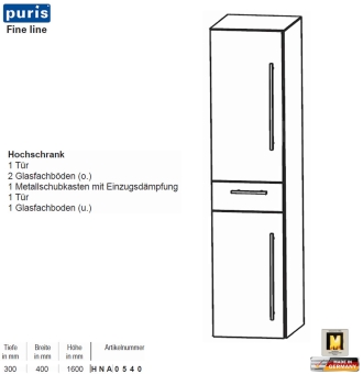 Puris FINE Line Hochschrank 40 cm mit 2 Türen / 1 Schub 