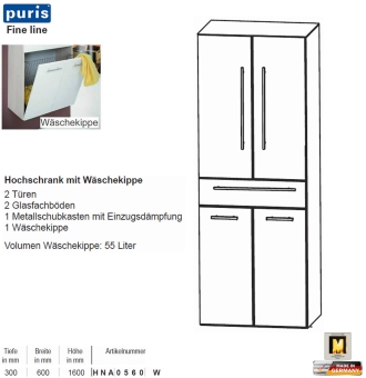 Puris FINE Line Hochschrank 60 cm mit 2 Türen / 1 Schub / Wäschekippe 