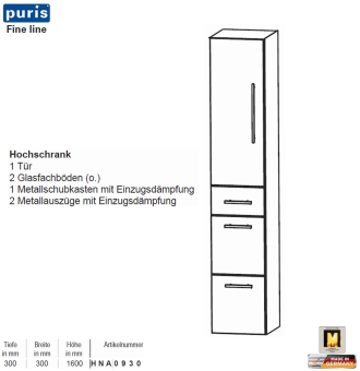 Puris FINE Line Hochschrank 30 cm mit 1 Tür / 1 Schub / 2 Auszüge 