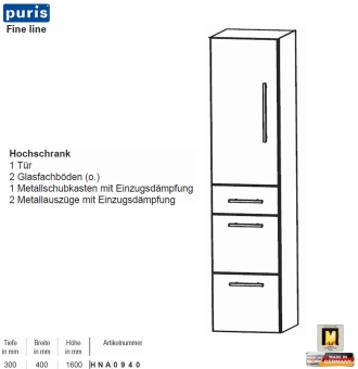 Puris FINE Line Hochschrank 40 cm mit 1 Tür / 1 Schub / 2 Auszüge 