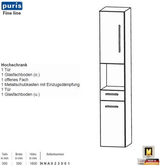 Puris FINE Line Hochschrank 30 cm mit 2 Türen / 1 Schub / 1 Fach 