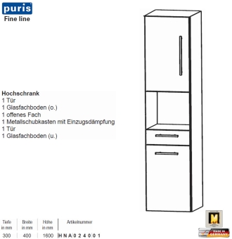 Puris FINE Line Hochschrank 40 cm mit 2 Türen / 1 Schub / 1 Fach 