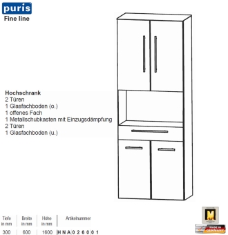Puris FINE Line Hochschrank 60 cm mit 4 Türen / 1 Schub / 1 Fach 