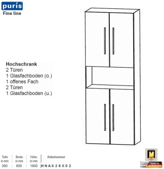 Puris FINE Line Hochschrank 60 cm mit 4 Türen / 1 Fach 