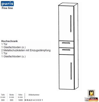 Puris FINE Line Hochschrank 30 cm mit 2 Türen / 2 Schübe 