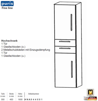 Puris FINE Line Hochschrank 40 cm mit 2 Türen / 2 Schübe 