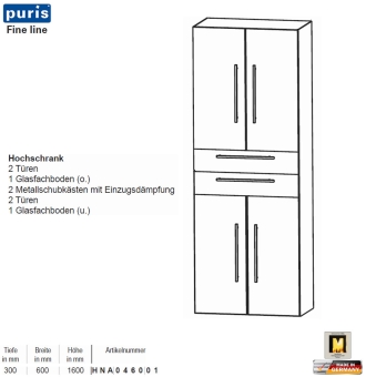 Puris FINE Line Hochschrank 60 cm mit 4 Türen / 2 Schübe 