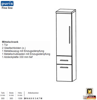 Puris FINE Line Mittelschrank 30 cm mit 1 Tür / 1 Schub / 1 Auszug 