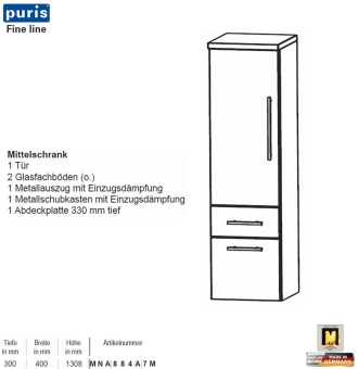 Puris FINE Line Mittelschrank 40 cm mit 1 Tür / 1 Schub / 1 Auszug 