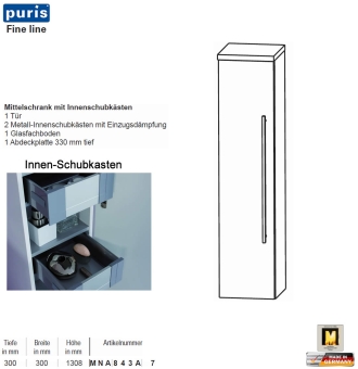 Puris FINE Line Mittelschrank 30 cm mit 1 Tür & Innenschüben 