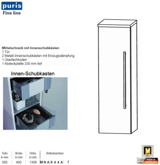 Puris FINE Line Mittelschrank 40 cm mit 1 Tür & Innenschüben 
