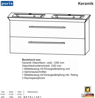 Puris KAO Line Waschtisch-Set 126 cm mit Keramik-Doppel-Waschtisch & 2 Auszügen 