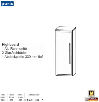 Puris KAO Line Highboard 30 cm mit 1 Alurahmen-Tür 
