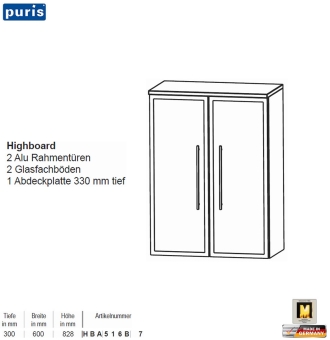 Puris KAO Line Highboard 60 cm mit 2 Alurahmen-Türen 