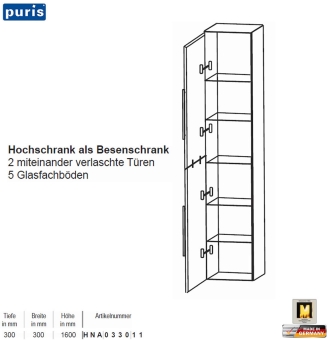 Puris KAO Line Hochschrank 30 cm mit 2 Türen - Besenschrank 