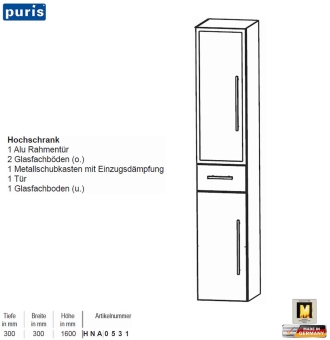 Puris KAO Line Hochschrank 30 cm mit 1 Alurahmen-Tür / 1 Tür / 1 Schub 