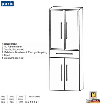 Puris KAO Line Hochschrank 60 cm mit 2 Alurahmen-Türen / 2 Türen / 1 Schub 