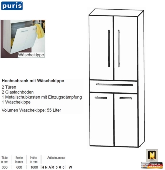 Puris KAO Line Hochschrank 60 cm mit 2 Türen / 1 Schub / Wäschekippe 