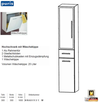 Puris KAO Line Hochschrank 30 cm mit 1 Alurahmen-Tür / 1 Schub / Wäschekippe 