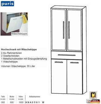 Puris KAO Line Hochschrank 60 cm mit 2 Alurahmen-Türen / 1 Schub / Wäschekippe 