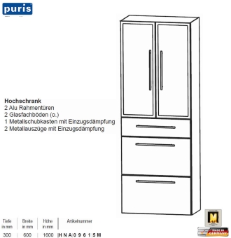 Puris KAO Line Hochschrank 60 cm mit 2 Alurahmen-Türen / 1 Schub / 2 Auszüge 