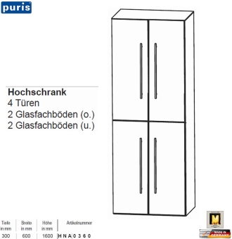 Puris KAO Line Hochschrank 40 cm mit 4 Türen 