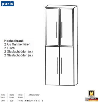 Puris KAO Line Hochschrank 60 cm mit 2 Alurahmen-Türen / 2 Türen 