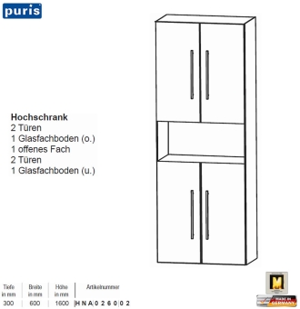 Puris KAO Line Hochschrank 60 cm mit 4 Türen / 1 Fach 