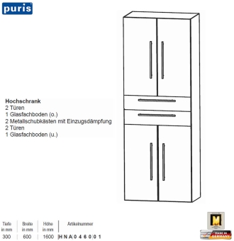 Puris KAO Line Hochschrank 60 cm mit 4 Türen / 2 Schübe 