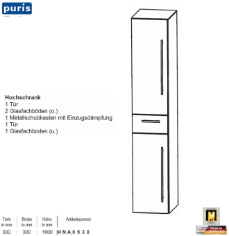 Puris KAO Line Hochschrank 30 cm mit 2 Türen / 1 Schub 