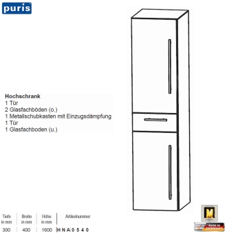 Puris KAO Line Hochschrank 40 cm mit 2 Türen / 1 Schub 