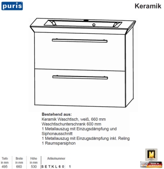Puris KAO Line Waschtisch-Set 66 cm mit Keramik-Waschtisch & 2 Auszügen 