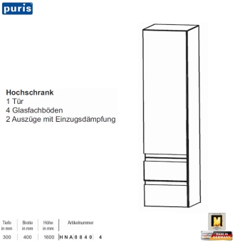 Puris Purefaction Hochschrank - 1 Tür / 2 Auszüge - 40 cm Breite 