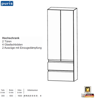 Puris Purefaction Hochschrank - 2 Türen / 2 Auszüge - 60 cm Breite 