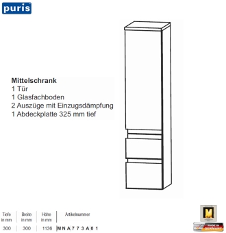 Puris Purefaction Mittelschrank - 1 Tür / 2 Auszüge - 30 cm Breite 