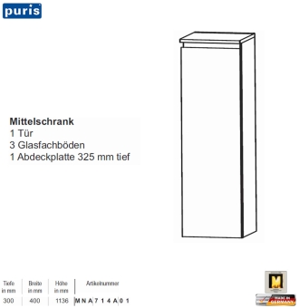 Puris Purefaction Mittelschrank - 1 Tür - 40 cm Breite 