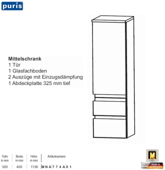 Puris Purefaction Mittelschrank - 1 Tür / 2 Auszüge - 40 cm Breite 