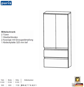 Puris Purefaction Mittelschrank - 2 Türen / 2 Auszüge - 60 cm Breite 