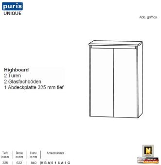 Puris UNIQUE Highboard 60 cm Breite mit 2 Türen 