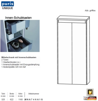 Puris UNIQUE Mittelschrank 60 cm Breite mit 2 Türen & Innenschub 
