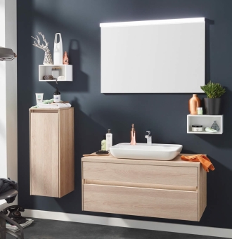 Puris UNIQUE Badmöbel Set 102 cm mit Keramik-Aufsatz-Waschtisch & LED Spiegel 