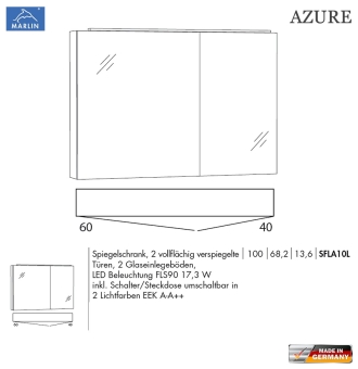 Marlin Azure 3130 Spiegelschrank 100 cm mit LED Aufsatzleuchte (2 Lichtfarben) 