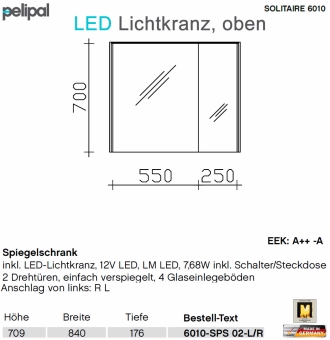 Pelipal 6010 Spiegelschrank 84 cm mit LED Lichtkranz - 6010-SPS 02 
