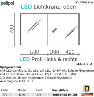 Pelipal 6010 Spiegelschrank 134 cm mit LED Lichtkranz und seitlichen LED Profilen - 6010-SPSB 04 