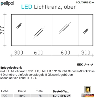 Pelipal 6010 Spiegelschrank 184 cm mit LED Lichtkranz - 6010-SPS 07 