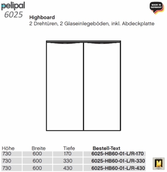 Pelipal 6025 Highboard 60 cm Breite - 2 Türen - HB 60-01 