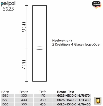 Pelipal 6025 Hochschrank 30 cm Breite - 2 Türen - HS 30-01 